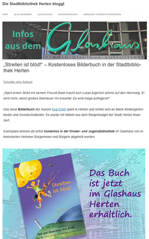 Kultur Kunst Herten, Stadtbibliothek Herten, Glashaus, Kinderbuch Streiten ist blöd, Eva Ernst Kultur Kunst Herten, Stadtbibliothek Herten, Glashaus, Kinderbuch Streiten ist blöd, Eva Ernst