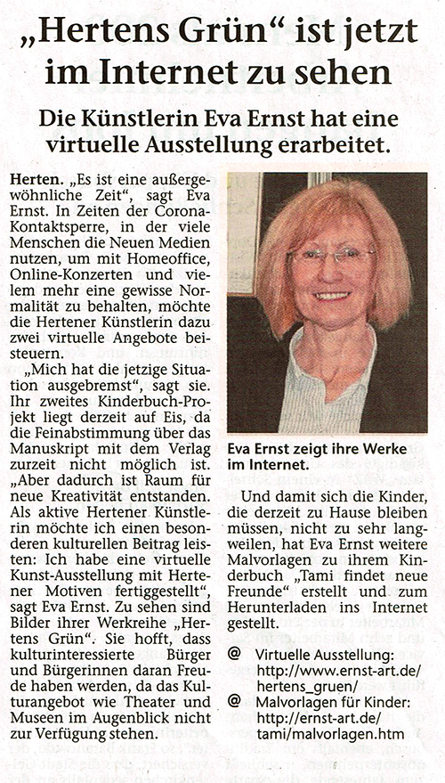 Kunst Eva Ernst Herten; virtuelle Ausstellung Hertens Grün; Hertener Zeitung