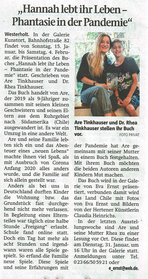  Hertener Zeitung 12. Januar 2023
Kunst und Kultur Herten, Lesung "Hannah lebt ihr Leben" im KUNST.ORT Westerholt