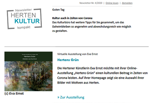 Kunst Eva Ernst virtuelle Ausstellung Hertens Grün; Newsletter Kulturamt Herten