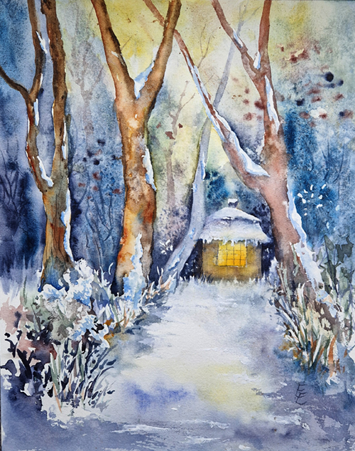 Kunst, Kultur Herten;
Tabakhäuschen im Hertener Schlosspark, Aquarelll Eva Ernst