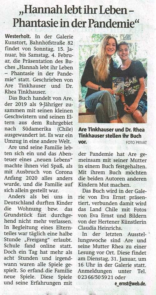  Hertener Zeitung 12. Januar 2023
Kunst und Kultur Herten, Lesung "Hannah lebt ihr Leben" im KUNST.ORT Westerholt