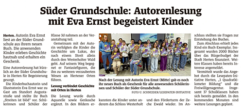 Hertener Zeitung "... Autorenlesung mit Eva Ernst begeistert Kinder"